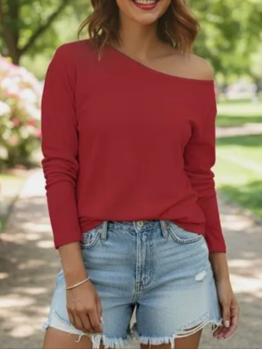 Flamingals Solid Convertible Boat Neck Long Sleeve Red Shirt NWT Medium